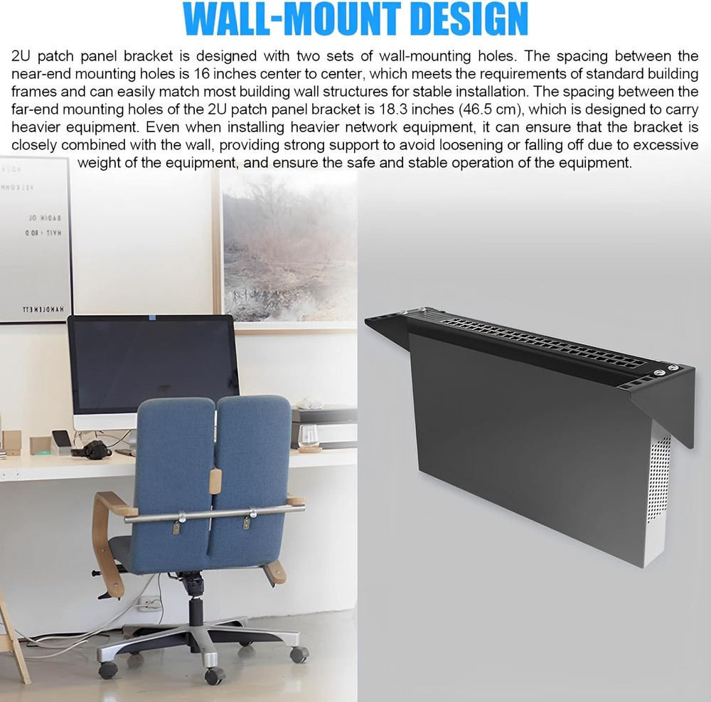 2U Hinged Wall Mount Patch Panel Bracket – 19″ Vertical Rack, Black