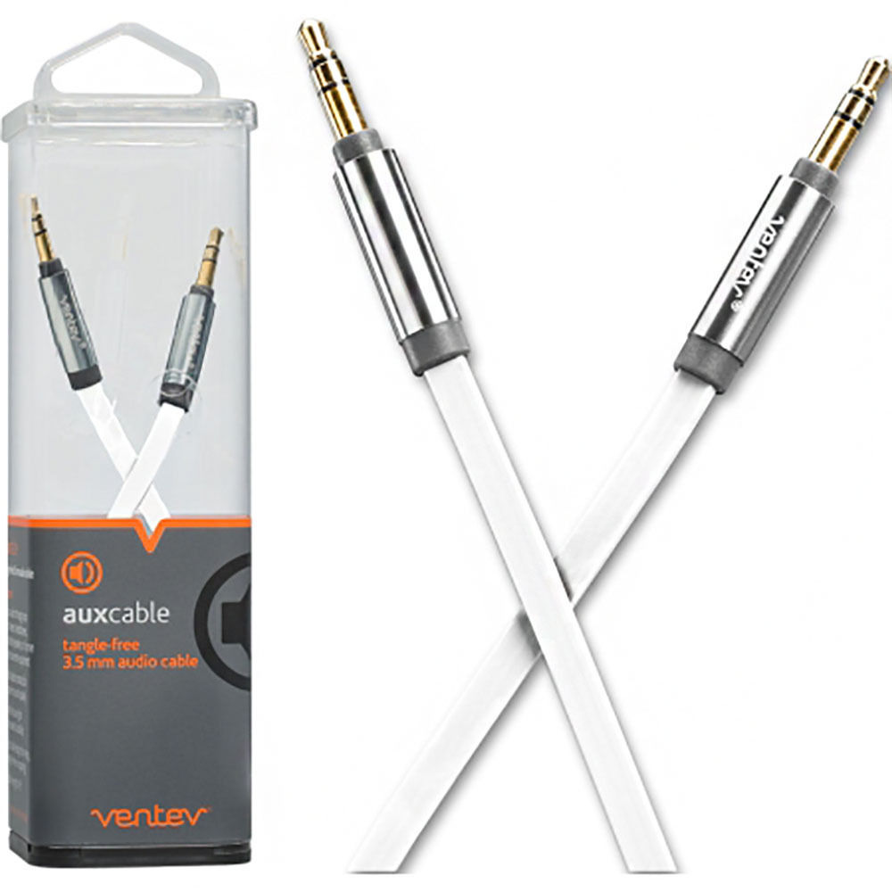 Ventev 4 Ft. Auxiliary Cable with 3.5mm Gold Tip & Flat Tangle-Free Cable, White