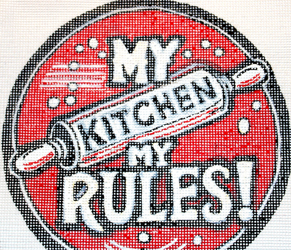 Needlepoint Canvas 18 mesh Signed Rolling Pin My Kitchen Rules Sign Hand Painted