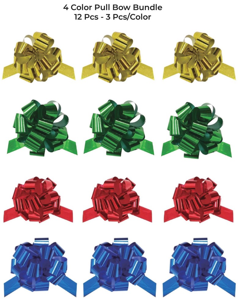 12 PCS Bundle 6" METALLIC PULL BOW BUNDLE -GOLD/BLUE/GREEN/RED