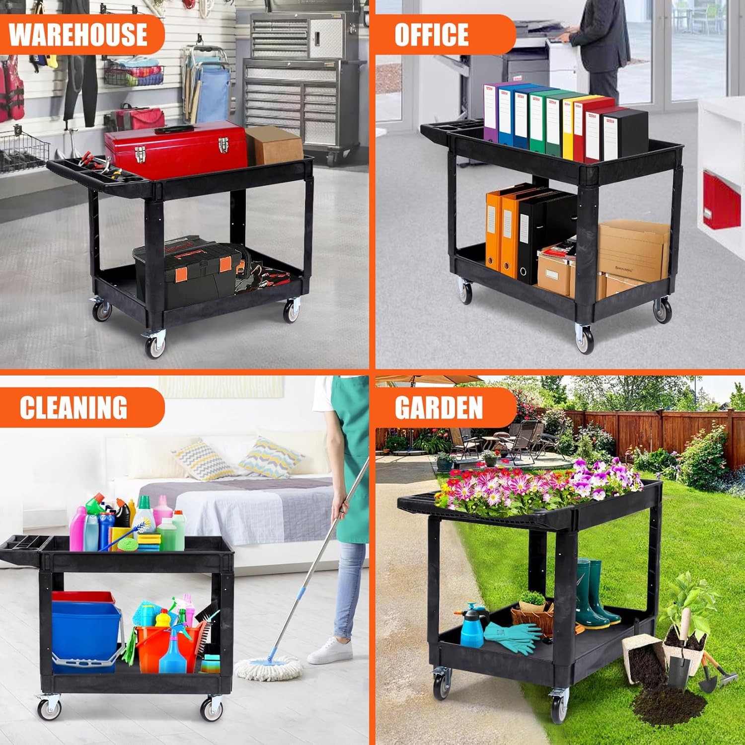 Utility Service Cart Plastic Rolling Cart 2 Shelf 550LBS with 360° Swivel Wheels