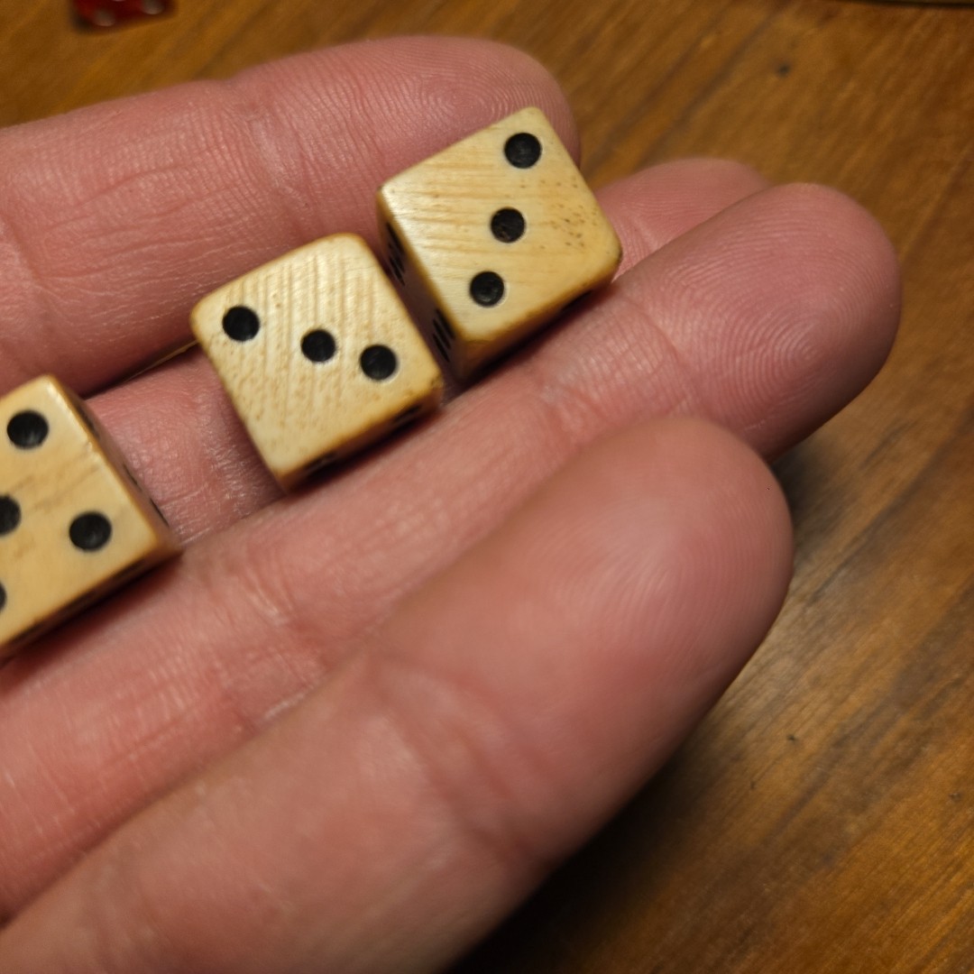 1765 Stamp Act taxed cattle bovine dice with black pips 3 Dice Vintage Hand Cut