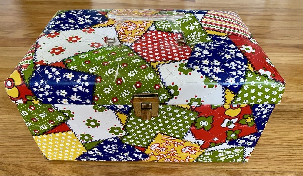 Mod 60s Vintage Vinyl Patchwork Sewing Box with Accessory Tray