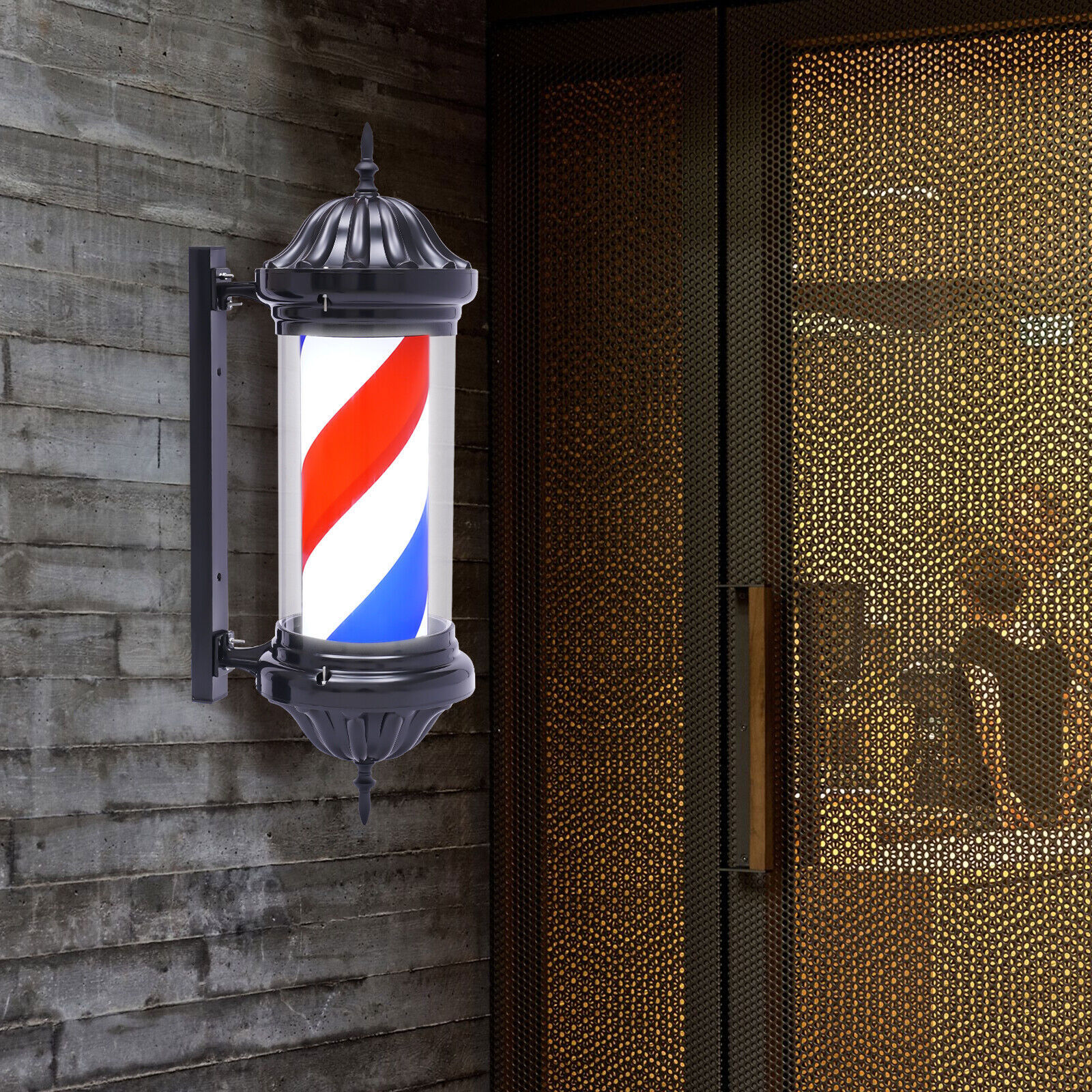 Barber Pole LED Light Red White Blue Rotating Stripes Metal Hair Salon Shop Sign