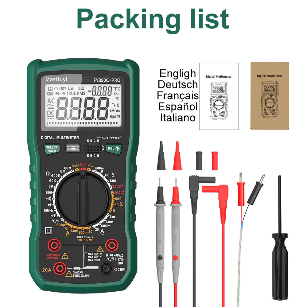 Digital Multimeter 6000 Count AC/DC 2000V/20A True RMS Temperature Tester