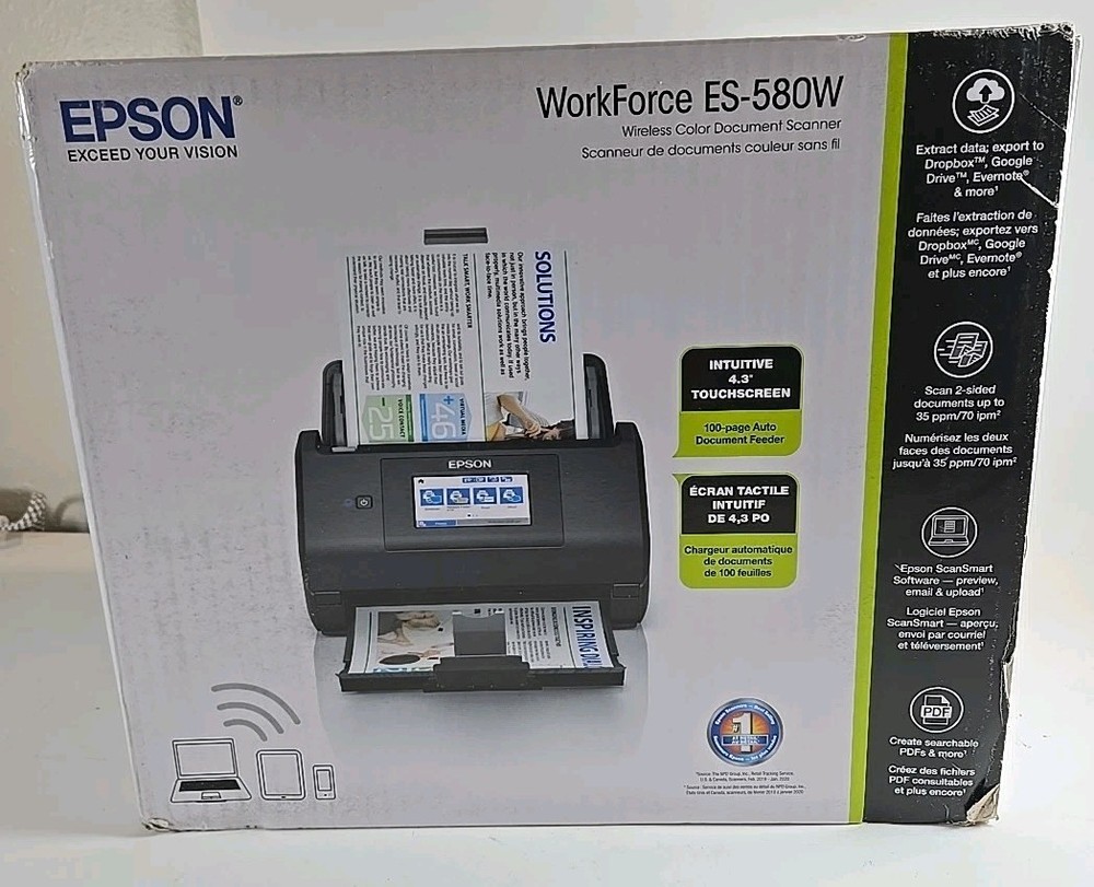 Epson WorkForce ES-580W Wireless Color Duplex Desktop Document Scanner New