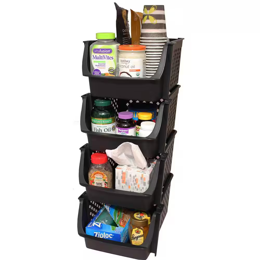 19 Qt. Plastic Stackable Storage Bins for Pantry in Black (4-Pack)