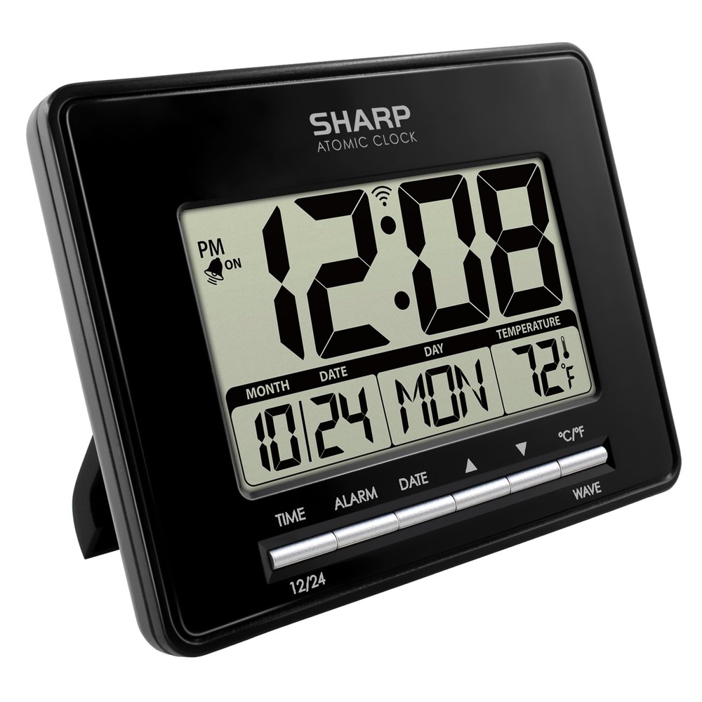 Sharp Atomic Desktop Clock – Auto Set Digital Alarm - Small, Black