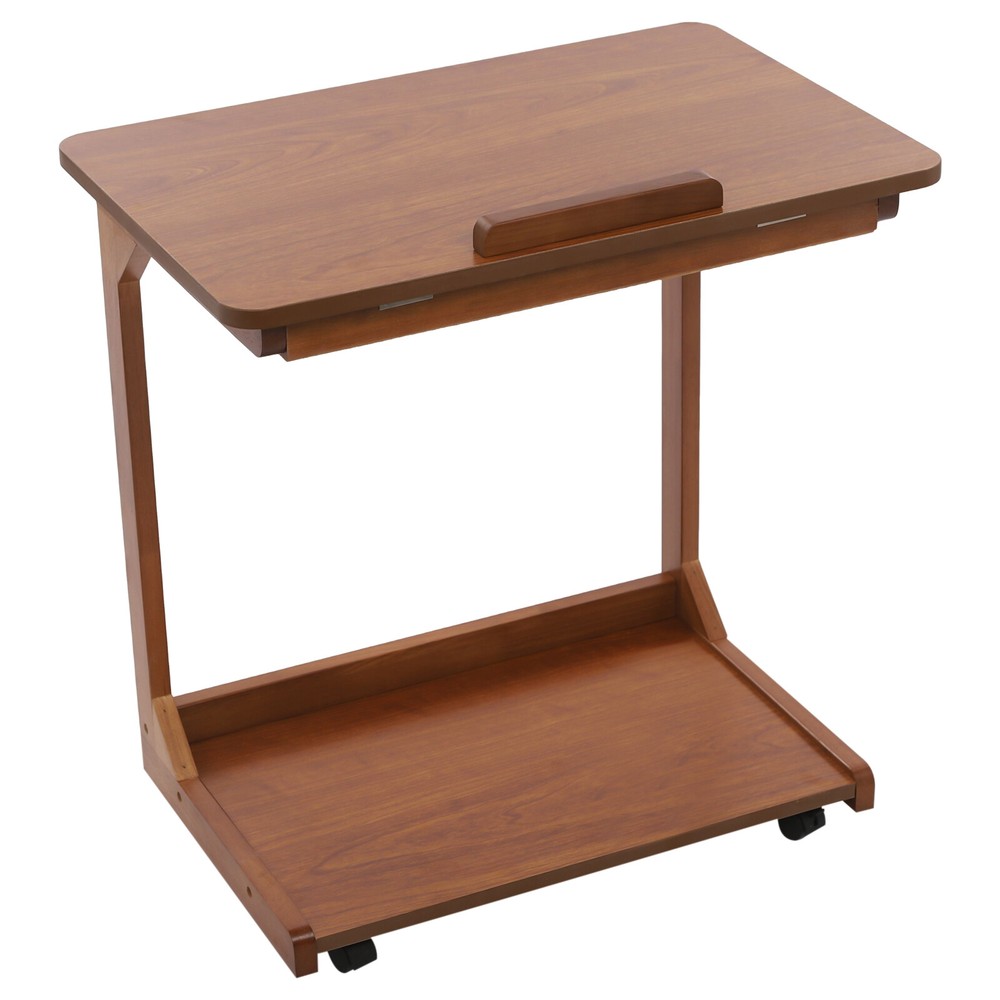 2 Tier C Shaped Table With 4 Wheels Couch Table End Table For Drink & Snack US