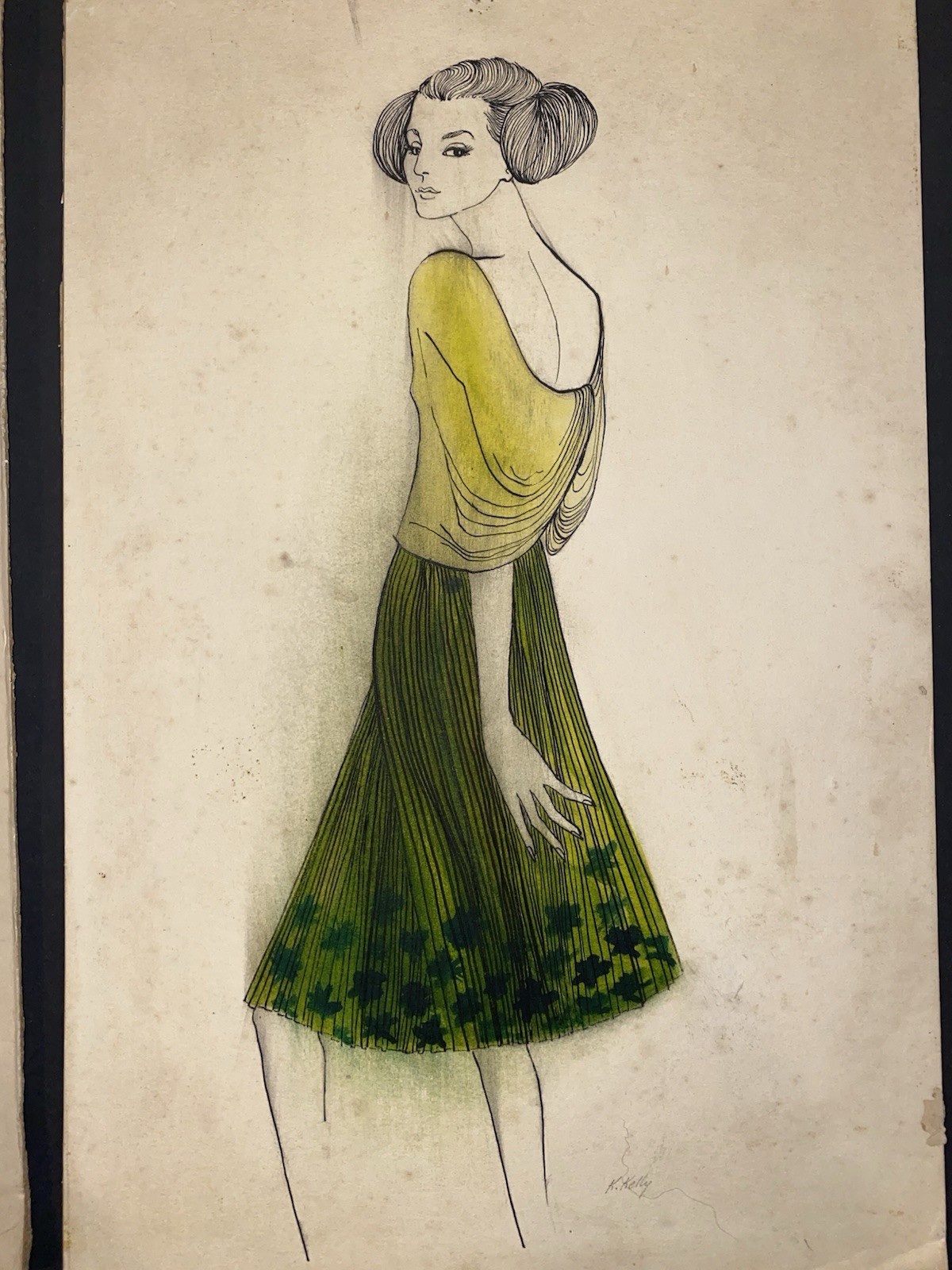 Mid-Century Fashion Illustration Pair c.1950s Original Costume Drawings