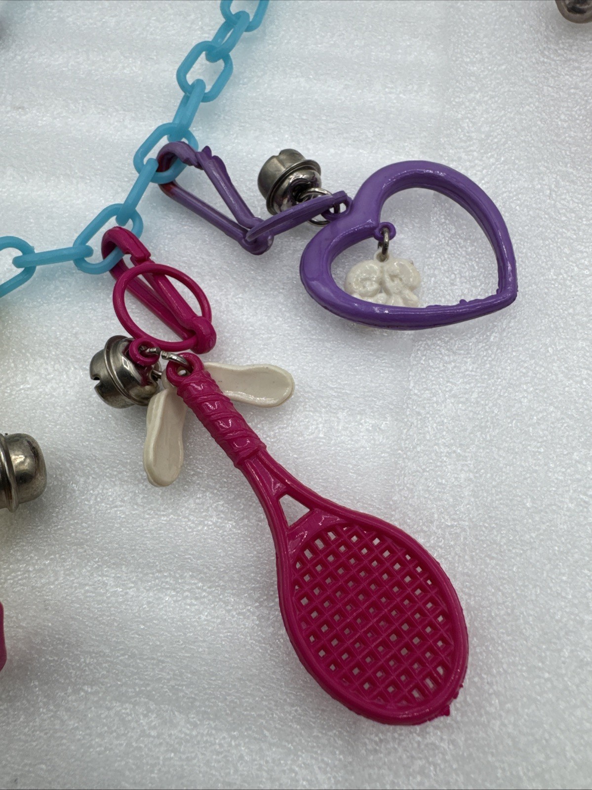 Vintage 1980's Plastic Bell Charm Clip Necklace w 2 Chains and 34 Charms.
