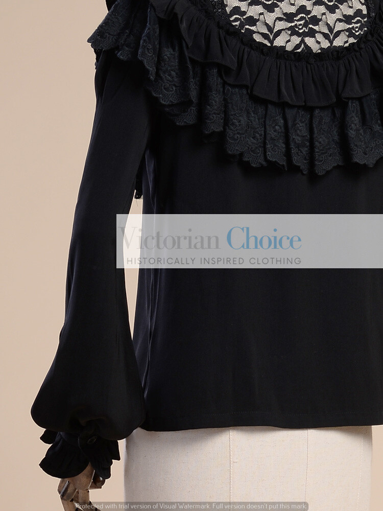 Victorian Edwardian Gothic High Collar Black Blouse Shirt Steampunk Witch B008