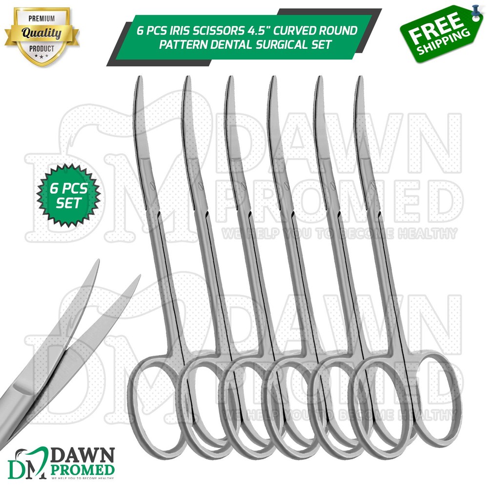 6 Pcs Iris Scissors 4.5” Curved Round Pattern Dental Veterinary Surgical Set