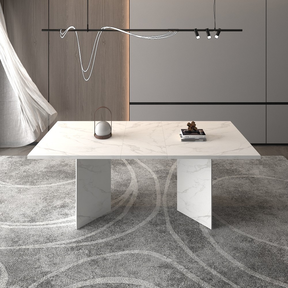 Extendable White Dining Table for 10 People Modern Faux Marble Rectangular Table