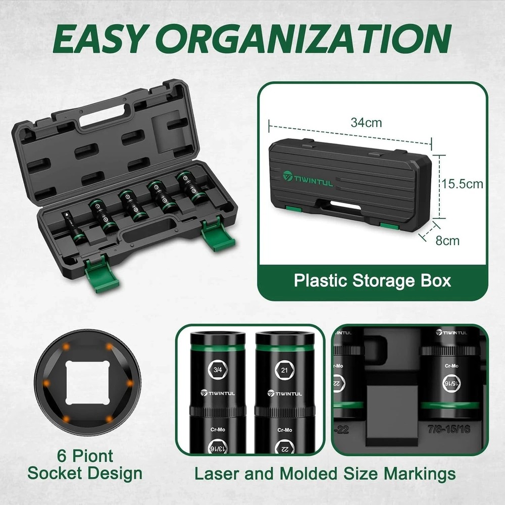 1/2" Lug Nut Socket Set, 5Pcs Impact Flip Socket Set, CR-MO Steel, 6-Point,