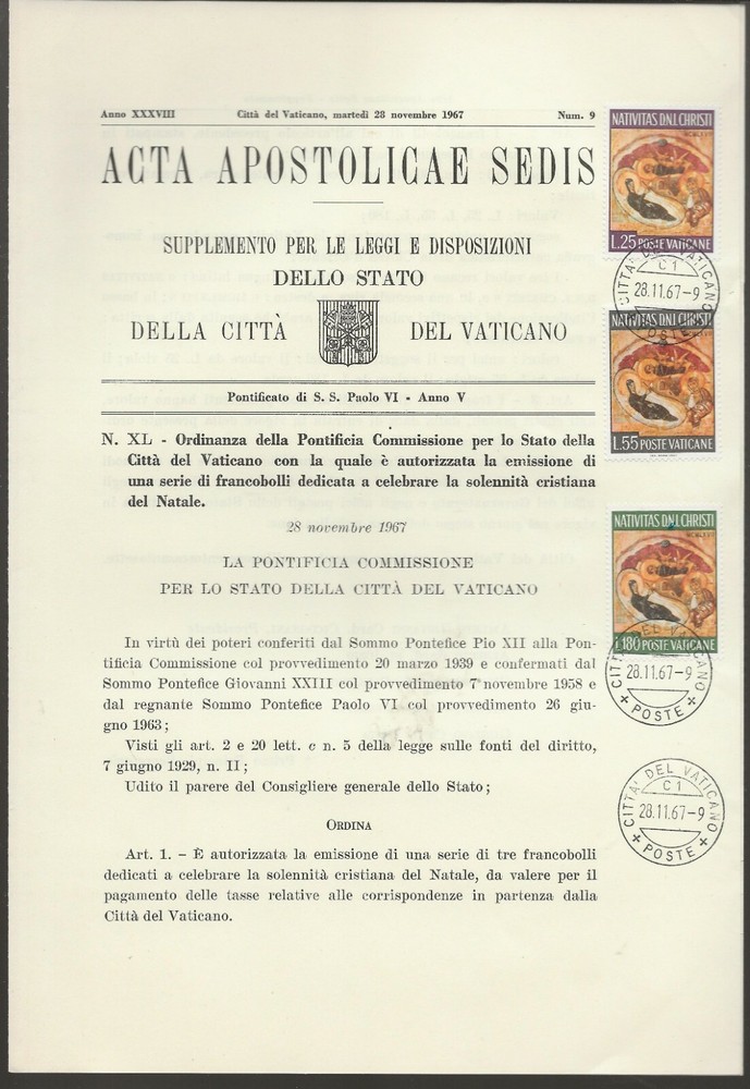 1968 Vatican Postal Announcement FDC Nativity Issue