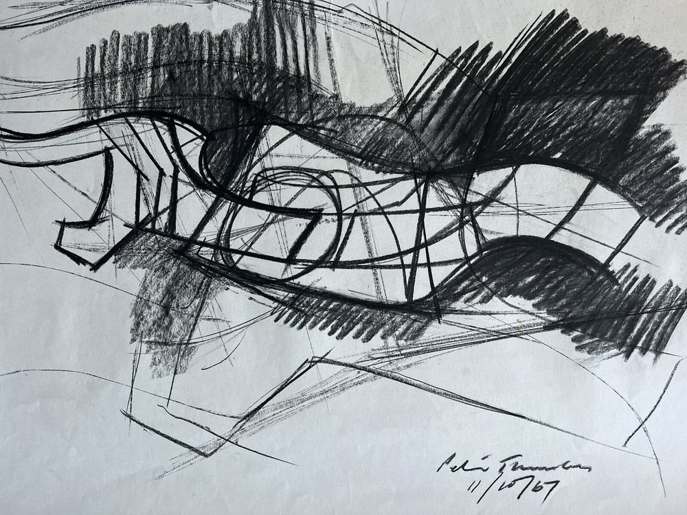 Peter Thursby Original 1967 Charcoal Drawing Study For Sculpture Signed Dated
