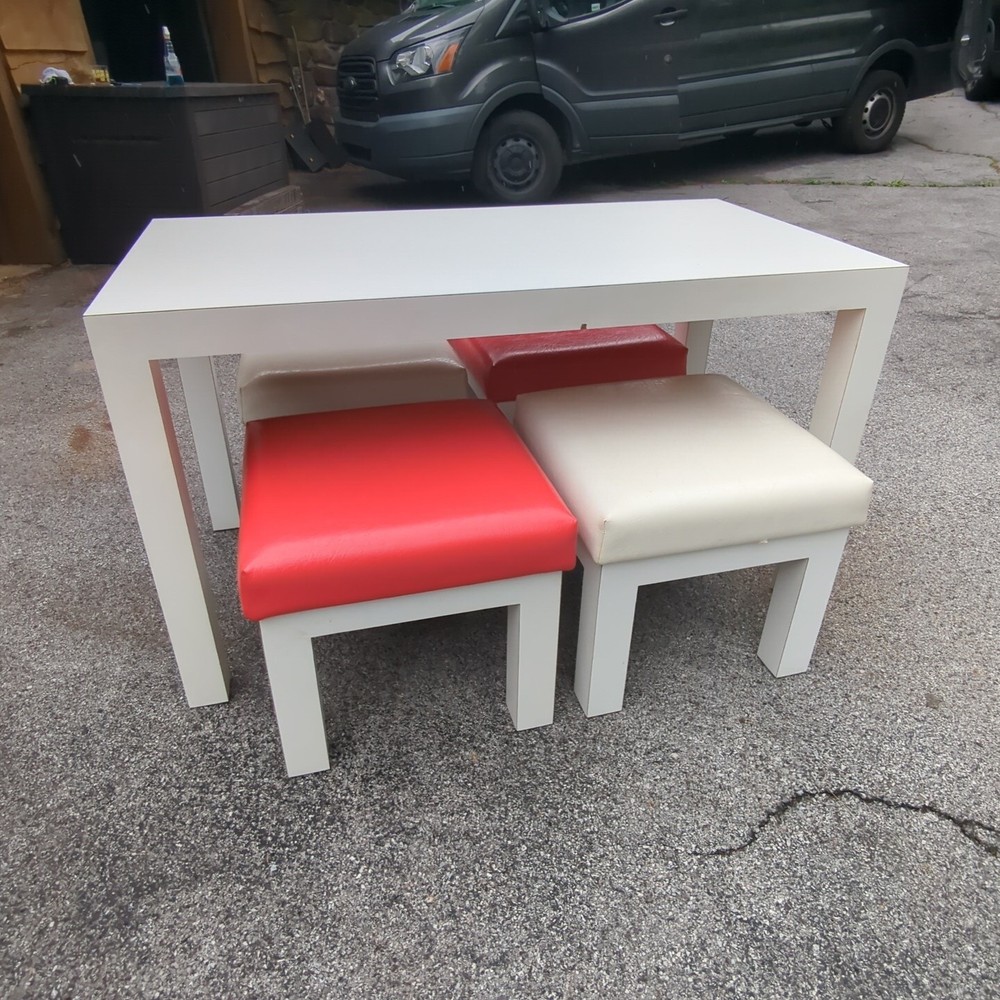 Vintage 80s Postmodern Laminate Parsons Table with 4 Upholstered Stools