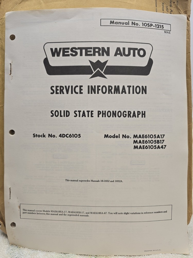 Western Auto Service Manual Solid State Phonograph 1975