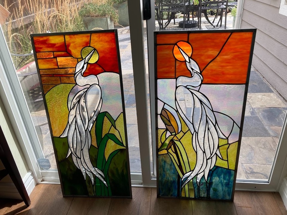 stained glass panel Two Bevelled Herons