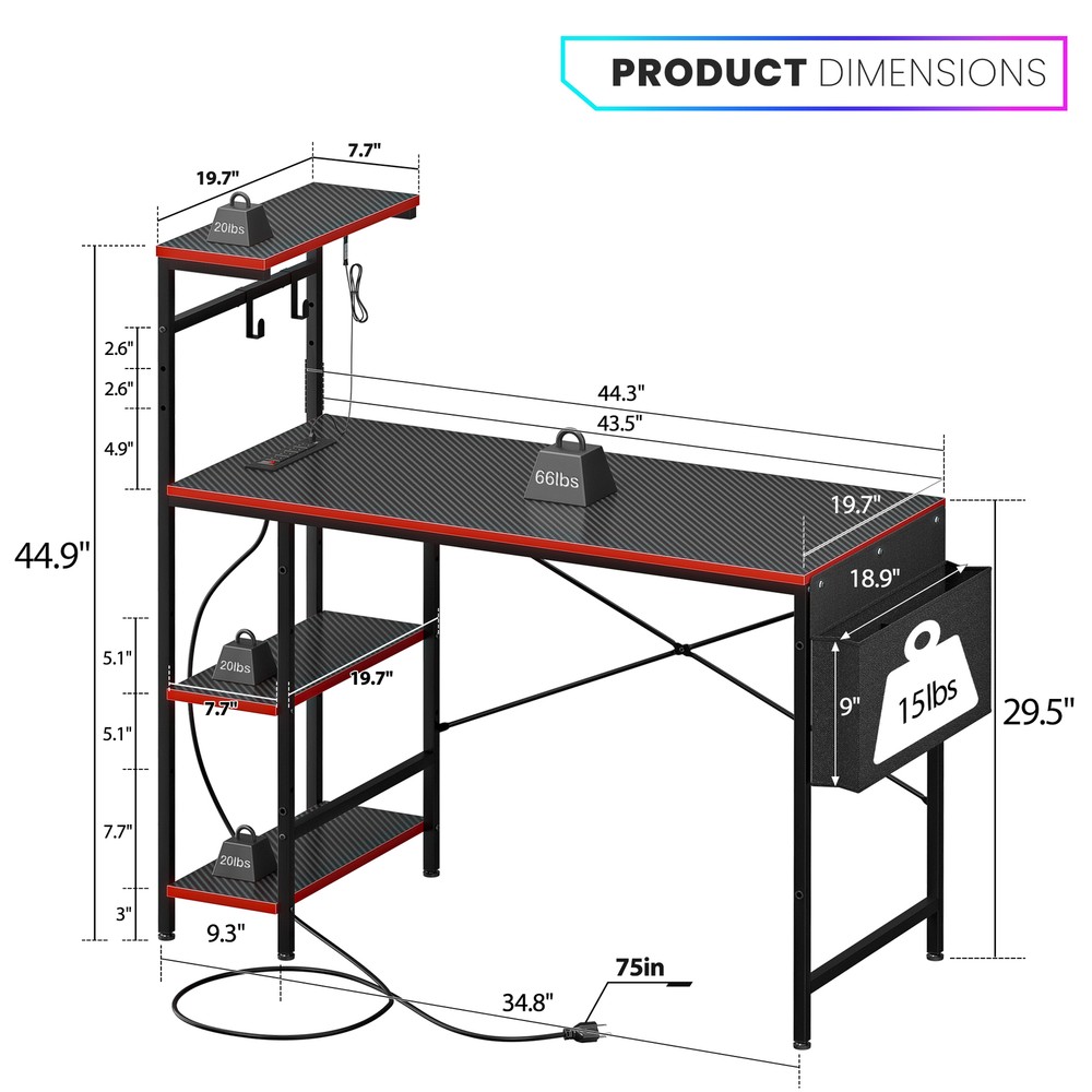 44" Computer Desk Rectangular Gaming Desk with LED Lights & Power Outlets Black