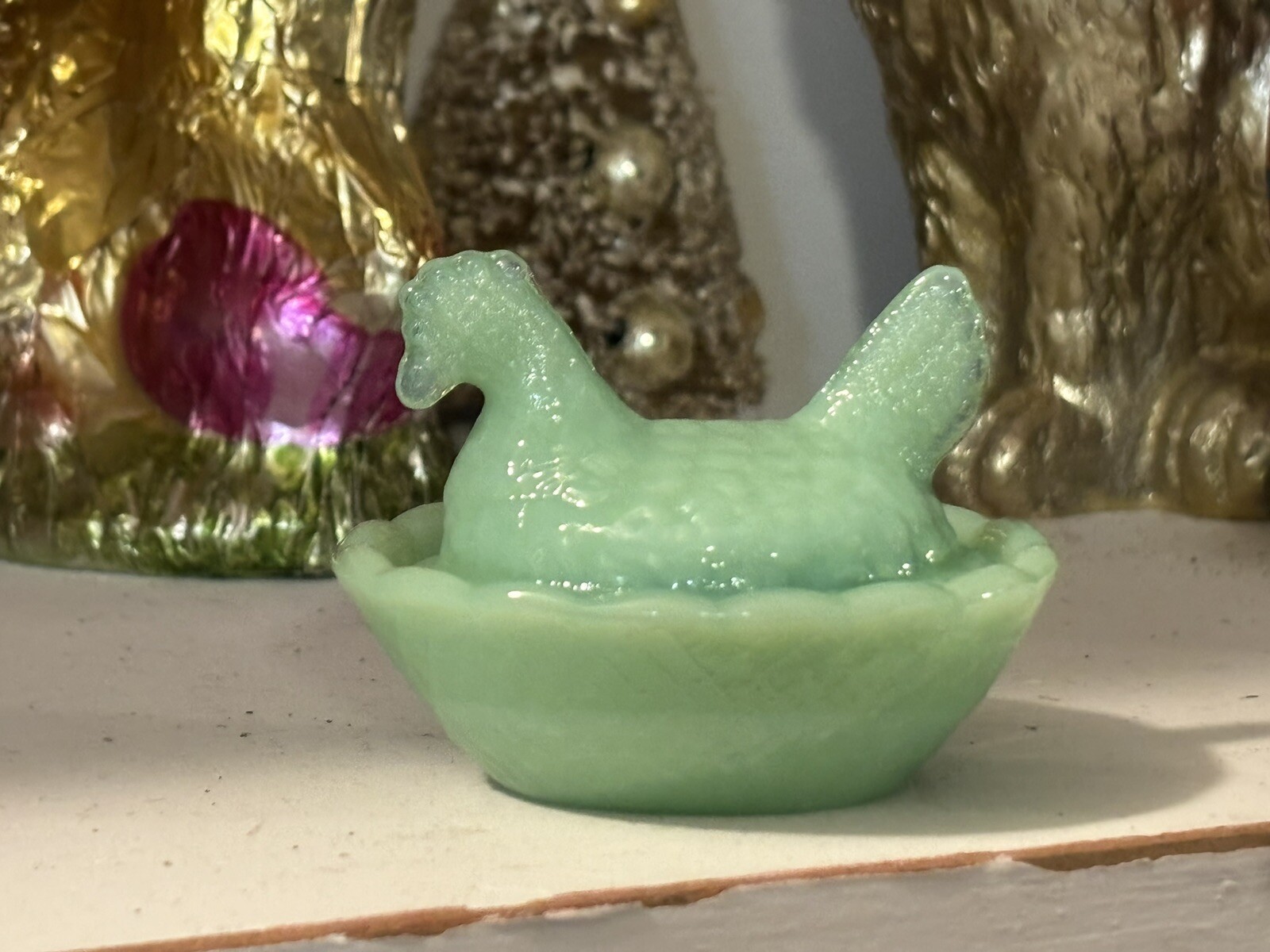 TINY Jadeite Green Glass Chicken Hen on Nest set only 2 1/2" EXC COND