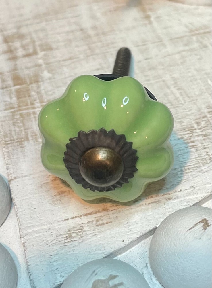 2 Brass 1.25" JADEITE GREEN Kitchen Cabinet Drawer Knobs Depression Caramic