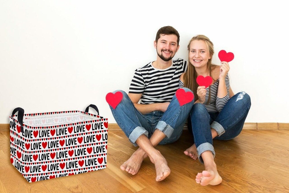 Essme Rectangular Valentine's Day Basket,Heart Storage Bins Organizer with Ha...