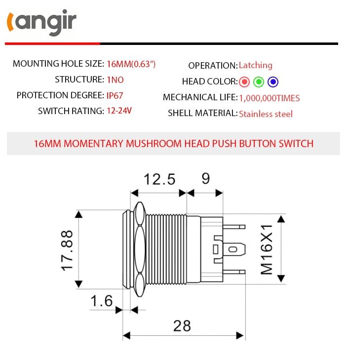 15Amp Push Button Switch，(0.63") 12V-24V Latching Push Button Switch 16mm Blue