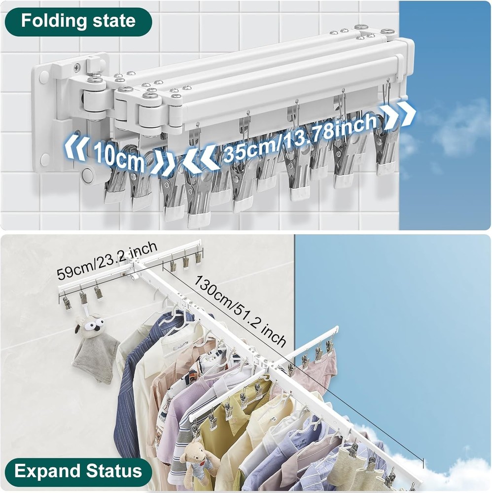 White 51" Clothes Drying Rack Retractable Foldable Wall Mounted Tri-Fold Space