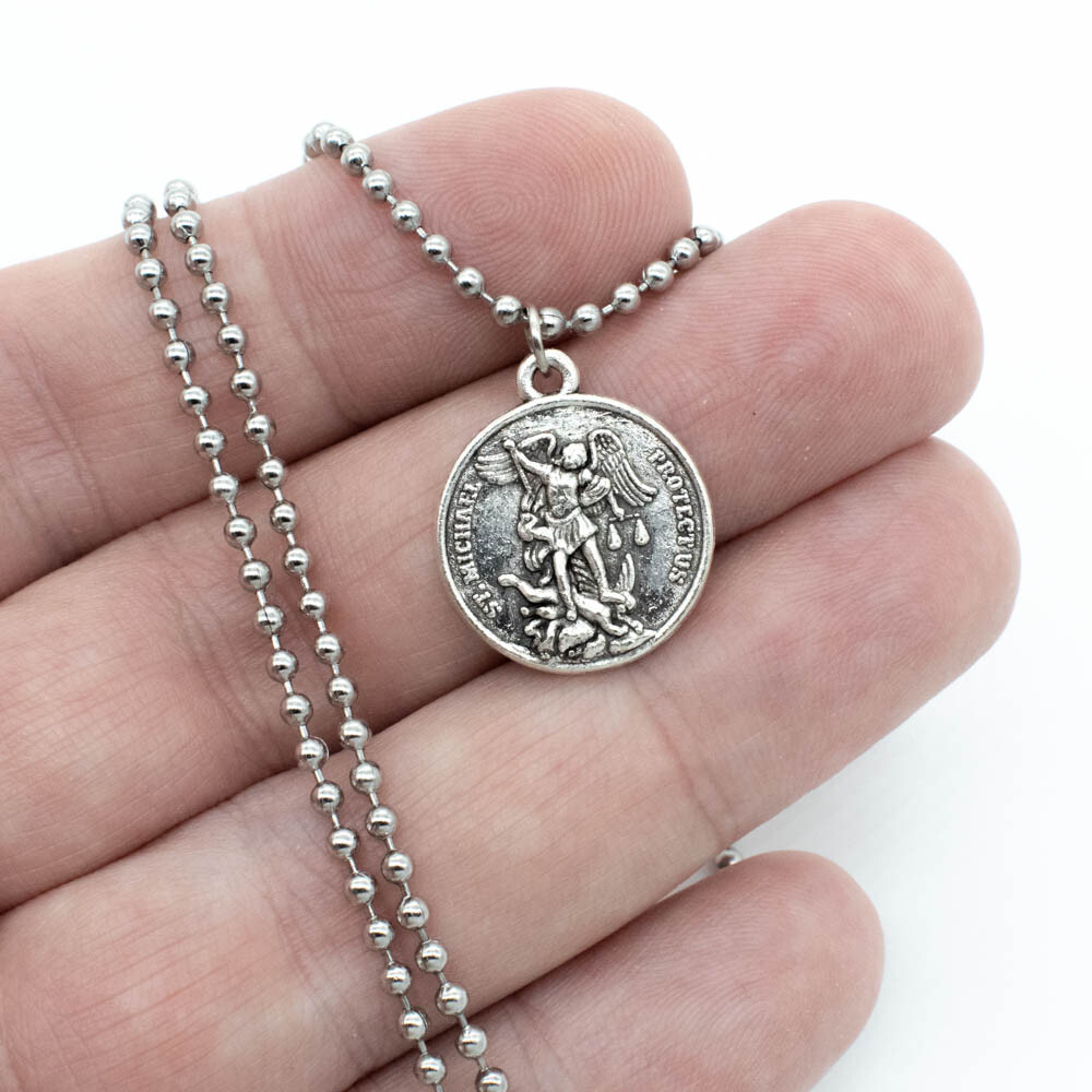 Double Sided St Michael & St Christopher Devotional Saint Medal Pendant Necklace