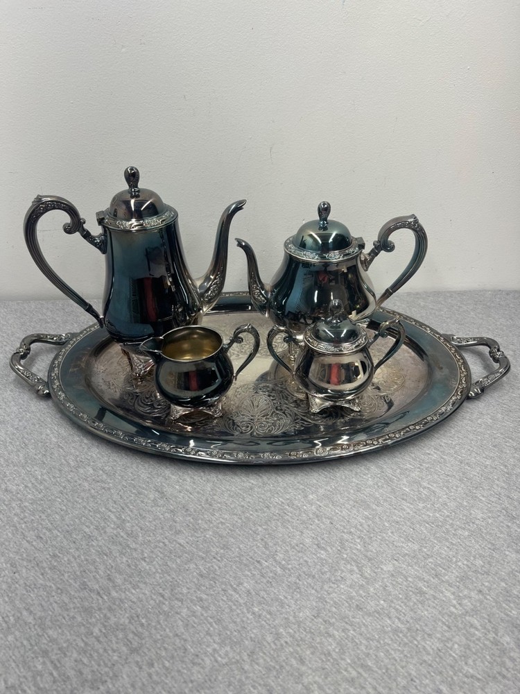 Oneida Silversmiths Silver-Plated 5-Piece Tea Set With Etched Serving Tray
