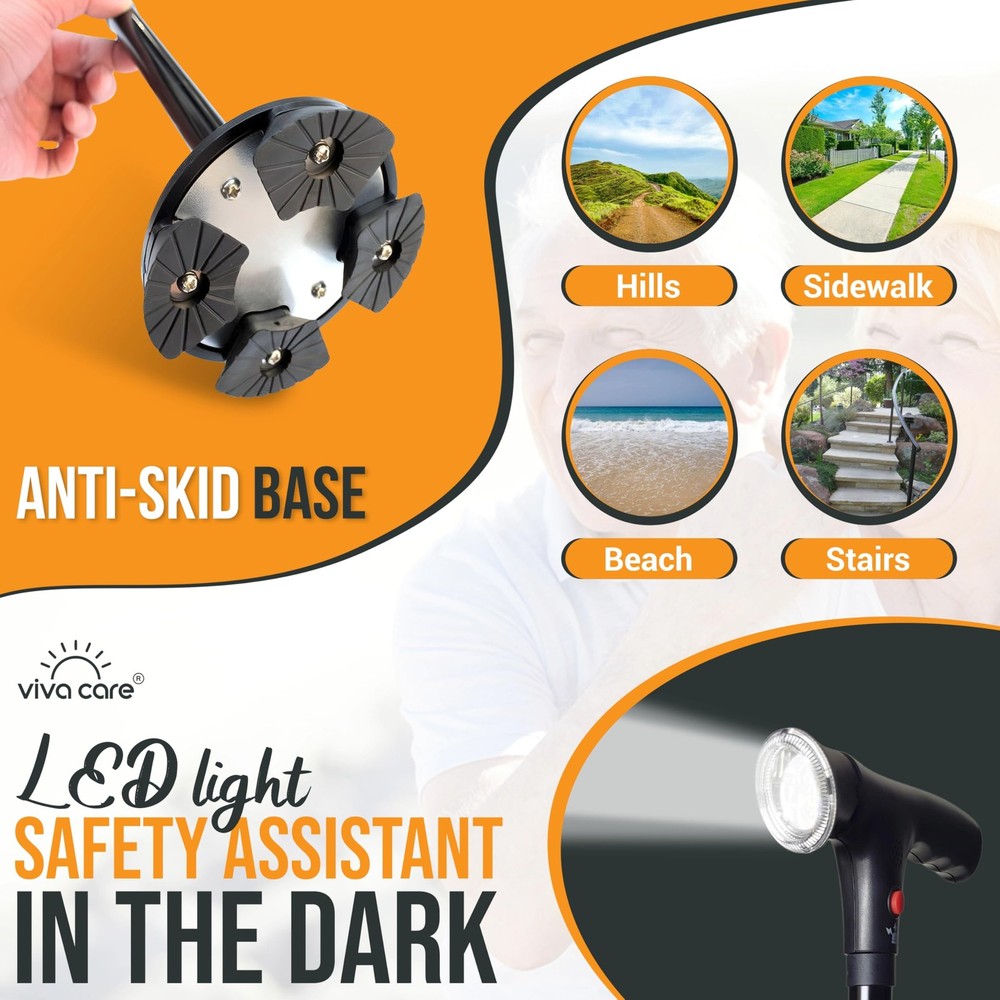 Walking Cane with Light & Alarm - Foldable Adjustable Lightweight for Balance...