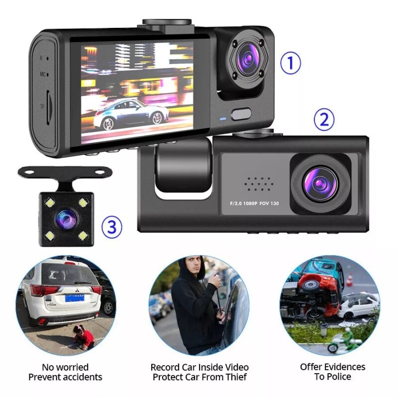 Dash Cam HD 1080p Car Dual Lens Front/Rear/Inside Video Recorder Camera G-sensor