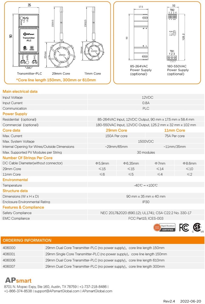 APsystems 406001 APsmart Rapid Shutdown System Transmitter-PLC Single Core