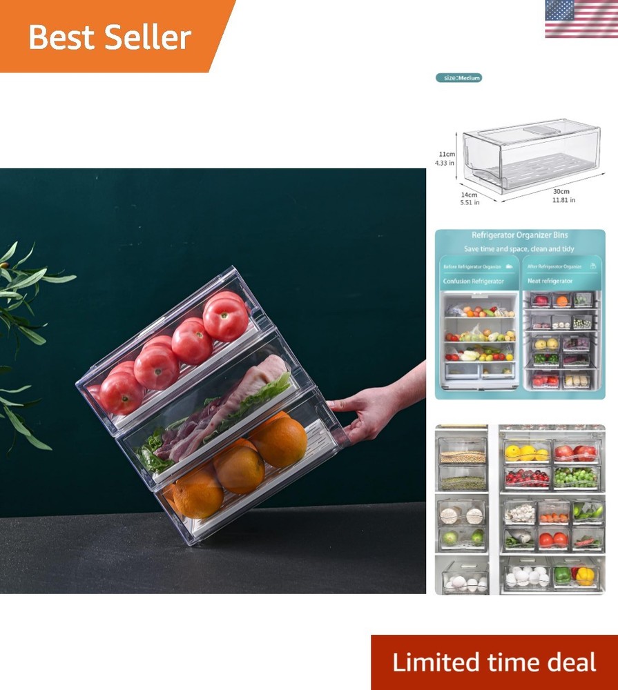 Transparent Food Storage Containers - Stackable Fridge Organizers with 2 Drawers