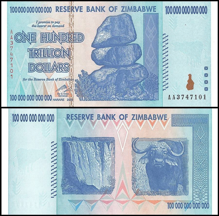 Zimbabwe 100 Trillion Dollars, 2008, AA, P-91, UNC