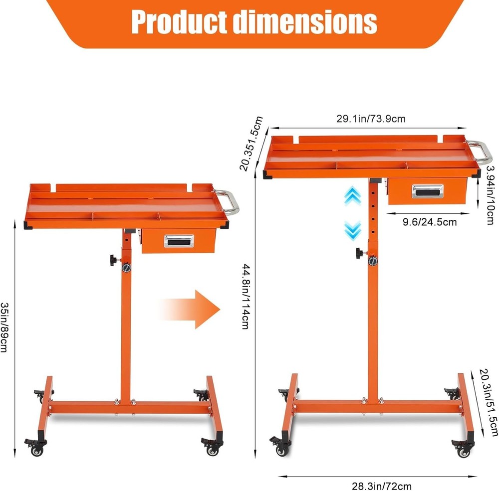 Workbench with Locking Casters, Adjustable Height 35"-44.8" Rolling Steel