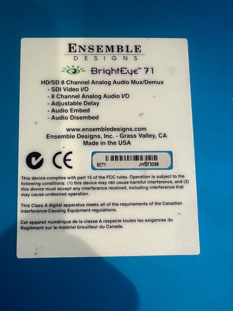 Ensemble Designs BrightEye 71 HD/SD 8 Channel Analog Audio Embedder/Disembedder