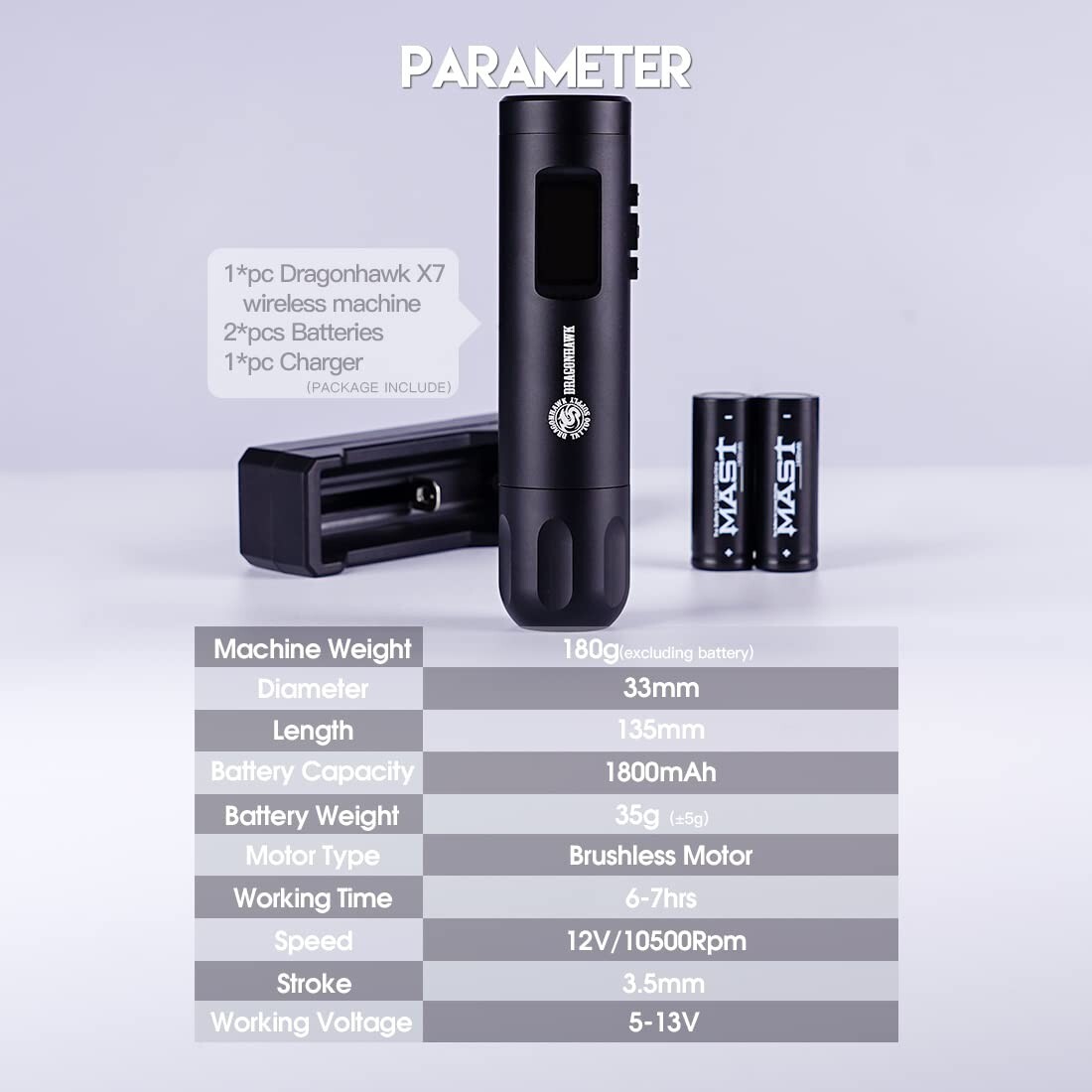 Dragonhawk X7 Wireless Tattoo Pen Kit Rotary Tattoo Machine 20Pcs Cartridges