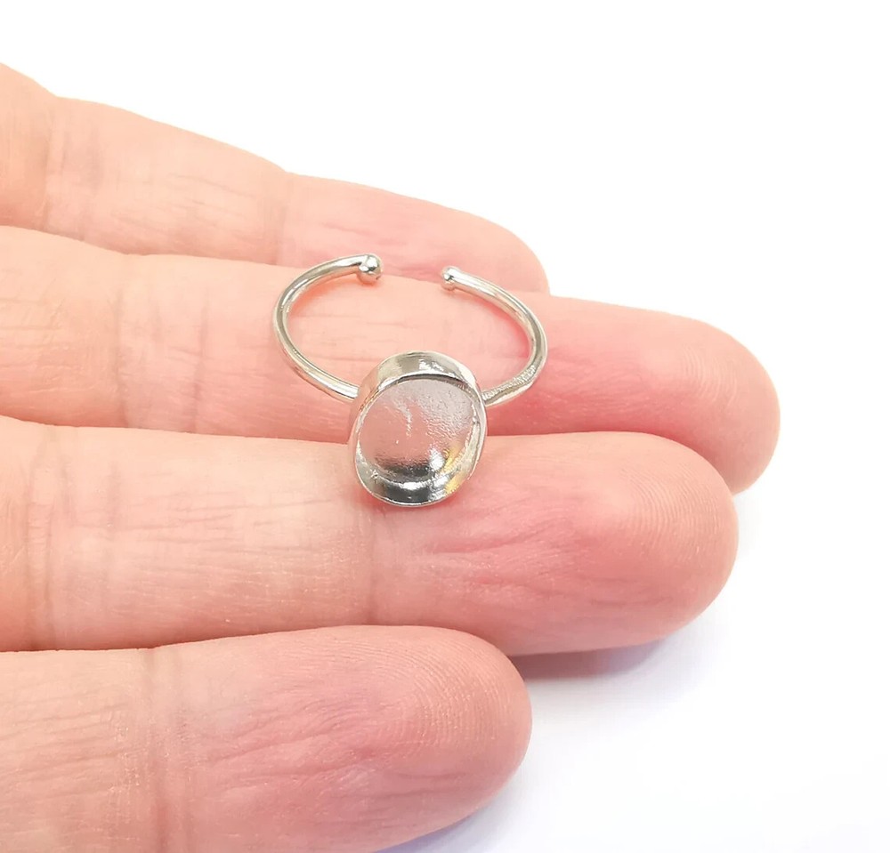 Shiny Silver Ring Blank Base Bezel Setting Adjustable Brass 11x8mm G35758