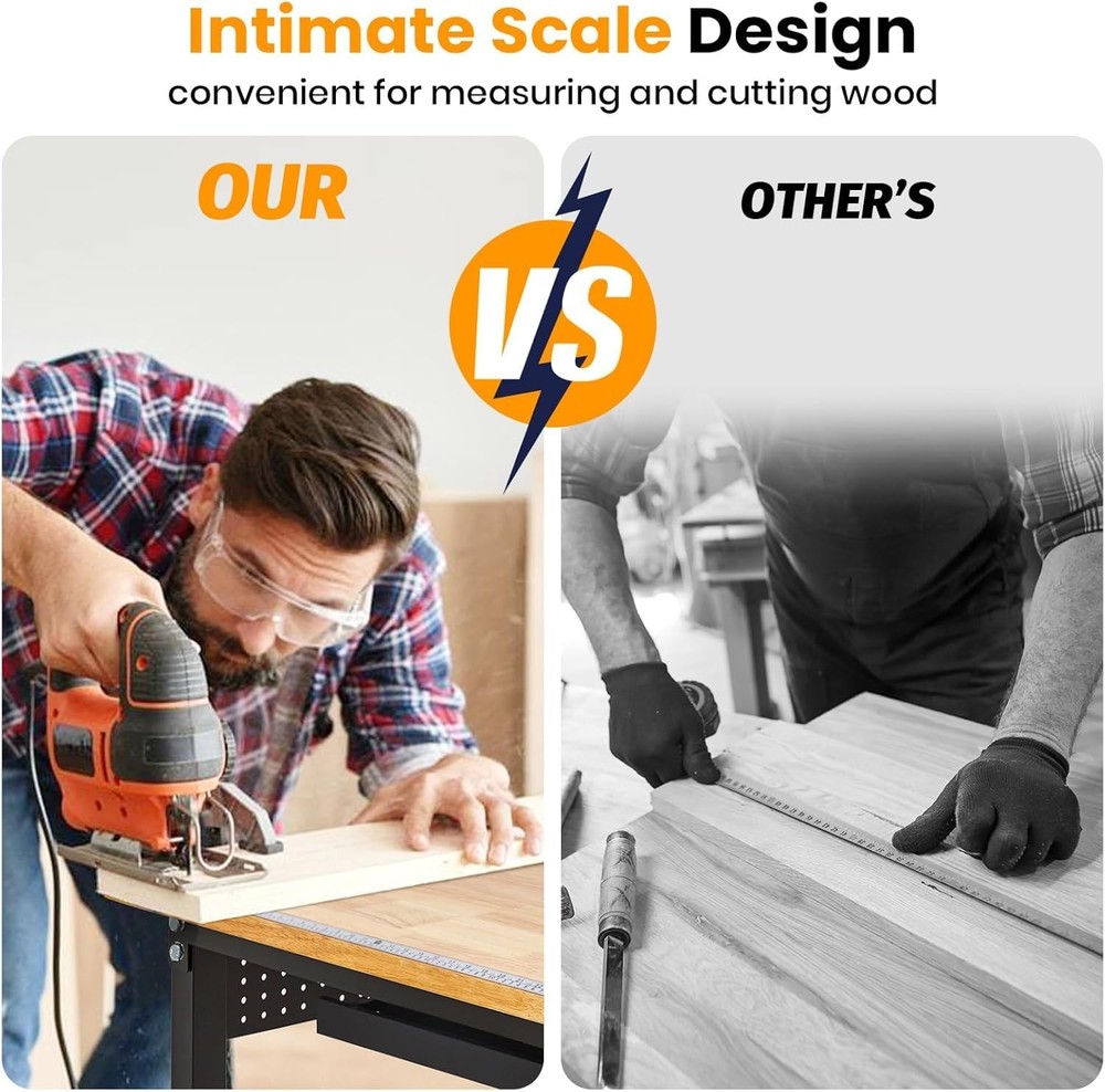 Adjustable Height Workbench 60"x24" Work Bench Table with Power Outlet & Drawers