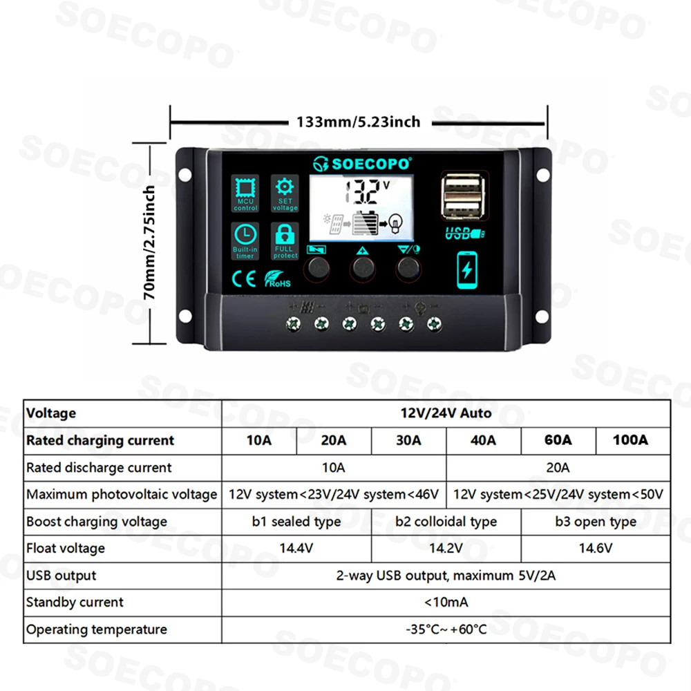100A Solar Charge Controller 12V/24V Dual USB LCD Solar Panel Battery Charger
