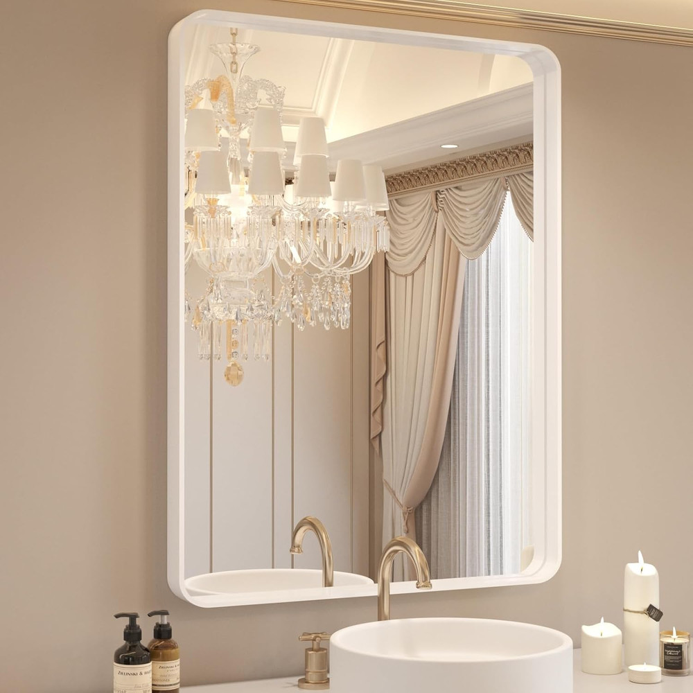 Matte White Rounded Rectangle Bathroom Mirror 20x30 Inch, Anti-Rust Design