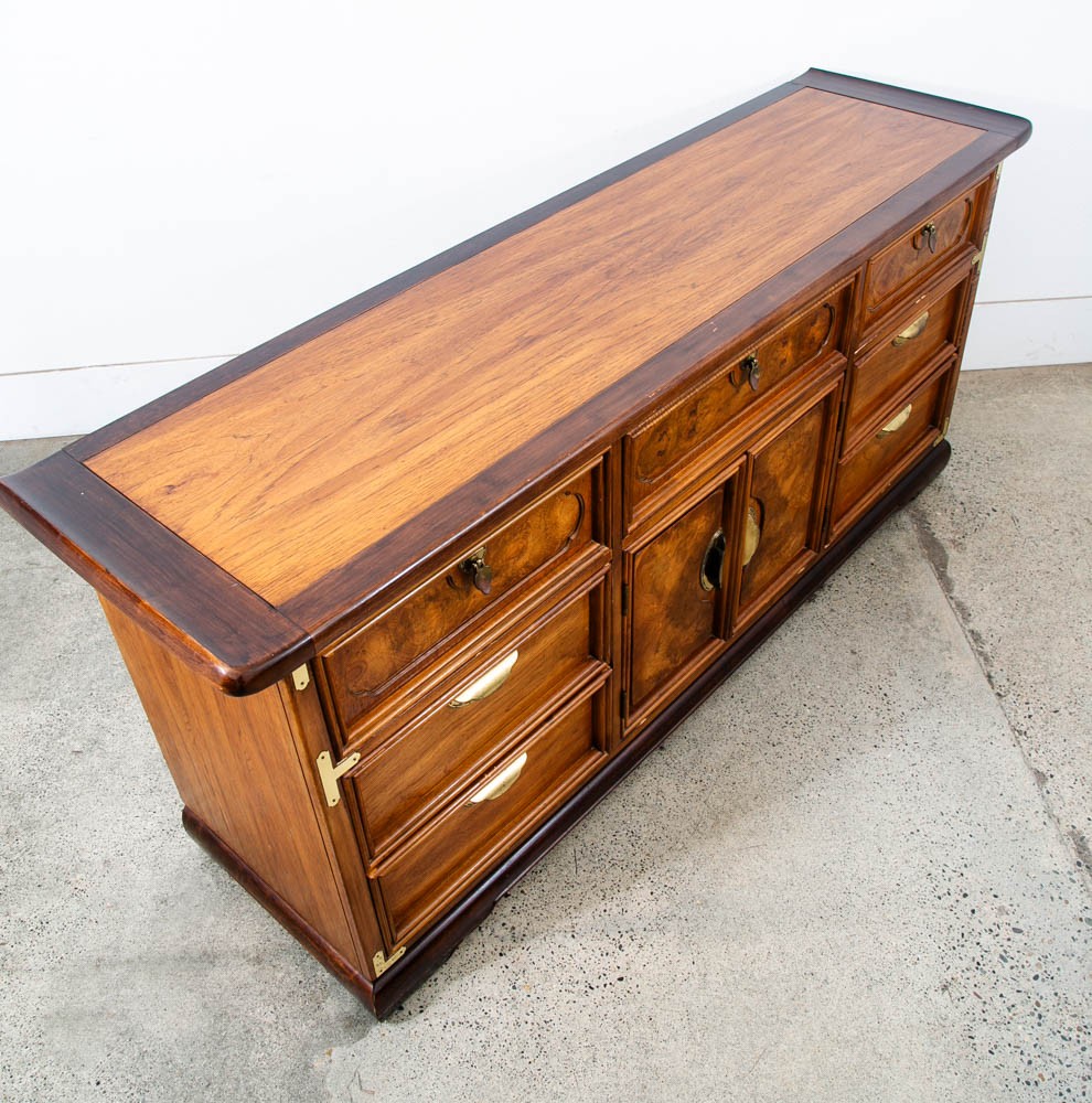 Mid Century Modern Dresser Credenza Walnut 9 Drawer Wood Brass Handle Mcm