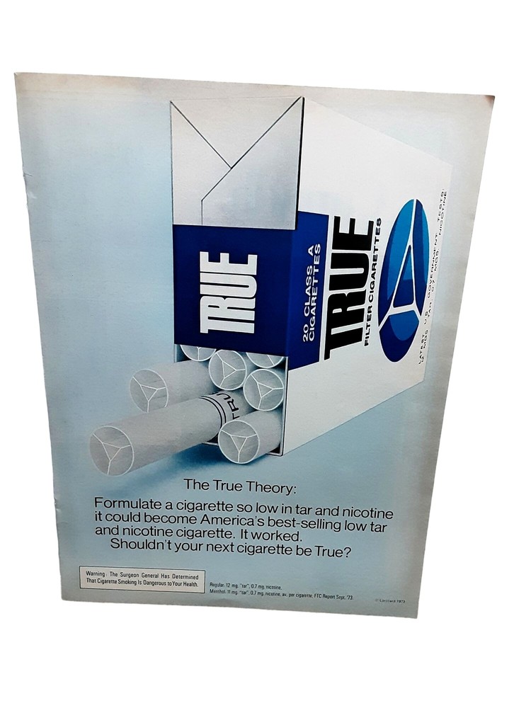 1974 True Cigarettes Original Print Ad 70s