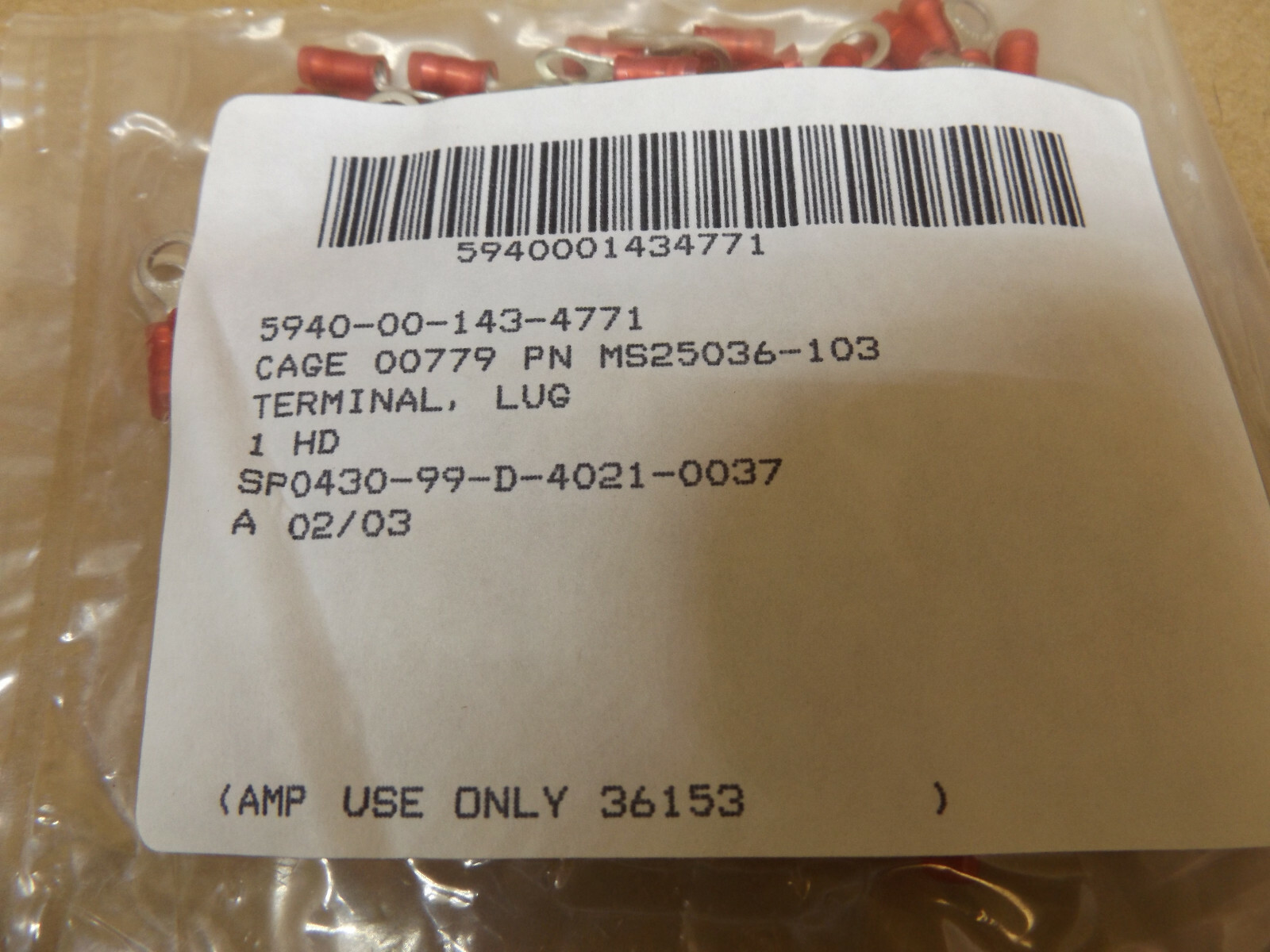 Tyco/AMP 36153 Ring Crimp Terminal PIDG MS25036-103 NSN 5940-00-143-4771 100pcs