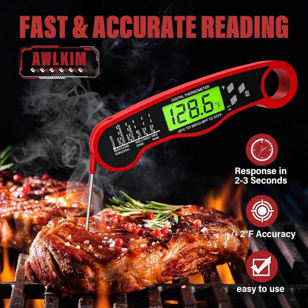 Digital Instant Read Meat Thermometer Waterproof Backlight Red Kitchen Use