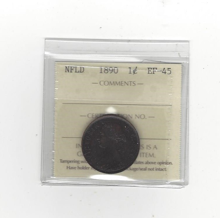 1890, ICCS Graded Newfoundland, Large One Cent, **EF-45**