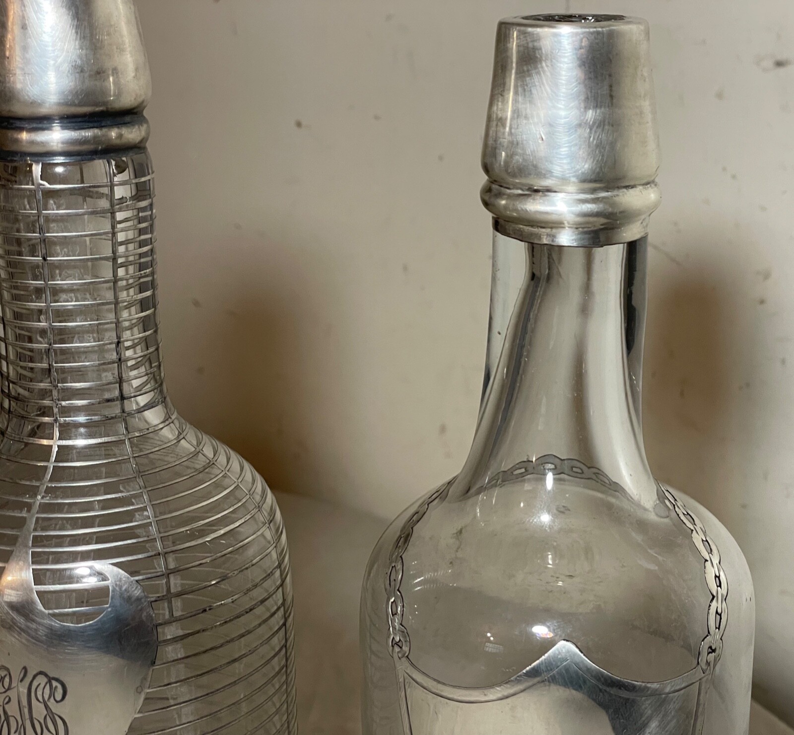 pair antique ornate sterling silver overlay glass liquor claret decanter bottle